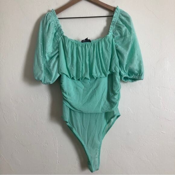 Fashion Nova Turquoise Ruffle Puffy Half Sleeve Bodysuit One Piece Top - Picture 5 of 7